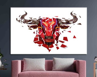 Buffalo Poster, Stier Wandkunst, Polygon Kunstwerk, Tier Wanddekor, Red Bull Kunst, Geometrische Wandkunst, Abstraktes Kunstwerk,