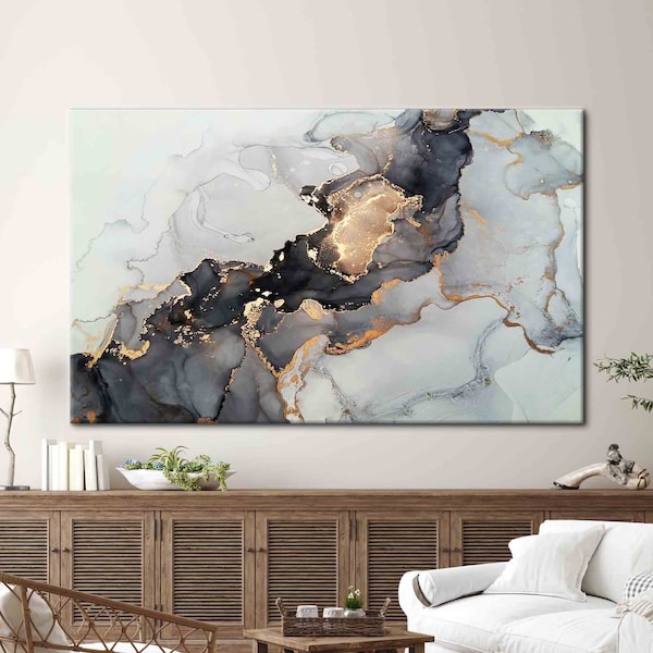 Black Gold Abstract Canvas Wall Art Etsy