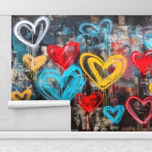 Love Graffiti Wandtattoos, Herzen Graffiti Wandkunst, Bunte Herzen Graffiti Wandbild, Graffiti Papierkunst, Art Deco Tapete,