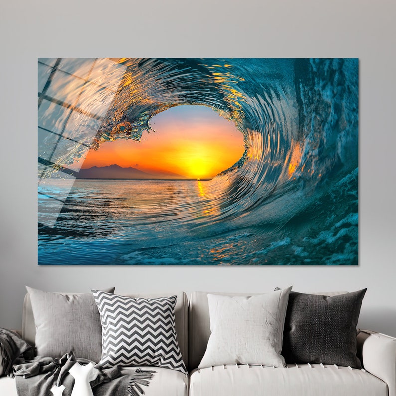 Ocean Wall Decor,Glass Art Gift,Surfer Wave Glass,Sunset Glass Art,Glass Custom For Art,Tempered Glass,Wave Wall Decor, image 3