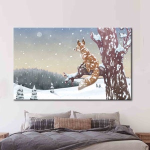 Nursey Wall Decor, Kids Wall Art, Mountain Canvas Art, Winter Art, Snowy Artwork, Abstract Fox Wall Art, Fox Kids Poster, View Canvas,