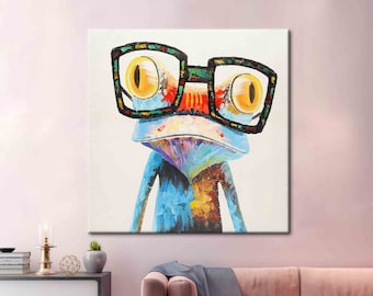 Funny Frog Canvas Wall Art, Colorful Glasses Frog Poster, Quirky Animal Print Decor Rainbow Frog With Glasses Canvas, Fun Animals Artwork,