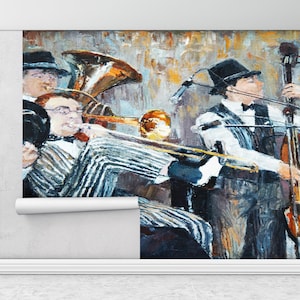 May include: A painting of a jazz band playing in a dimly lit room. The band consists of a tuba player, a trombone player, and a cellist. The tuba and trombone are gold, and the cello is brown. The musicians are wearing hats and striped suits. The painting is done in a realistic style with a focus on the details of the instruments and the musicians' expressions.