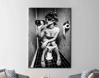 Fashion Girl Wall Decor, Girl Drinking Toilet Art Canvas, Bathroom Drink Art, Vogue Printed, Sexy Girl Modern Printed,