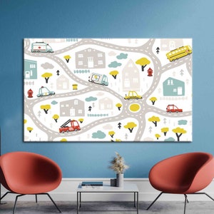 Mapa de ciudad de bebé con carreteras y transporte, obras de arte para niños, arte de lienzo de mapa de bebé, arte de mapa de ciudad, arte educativo, lienzo de arte para niños,