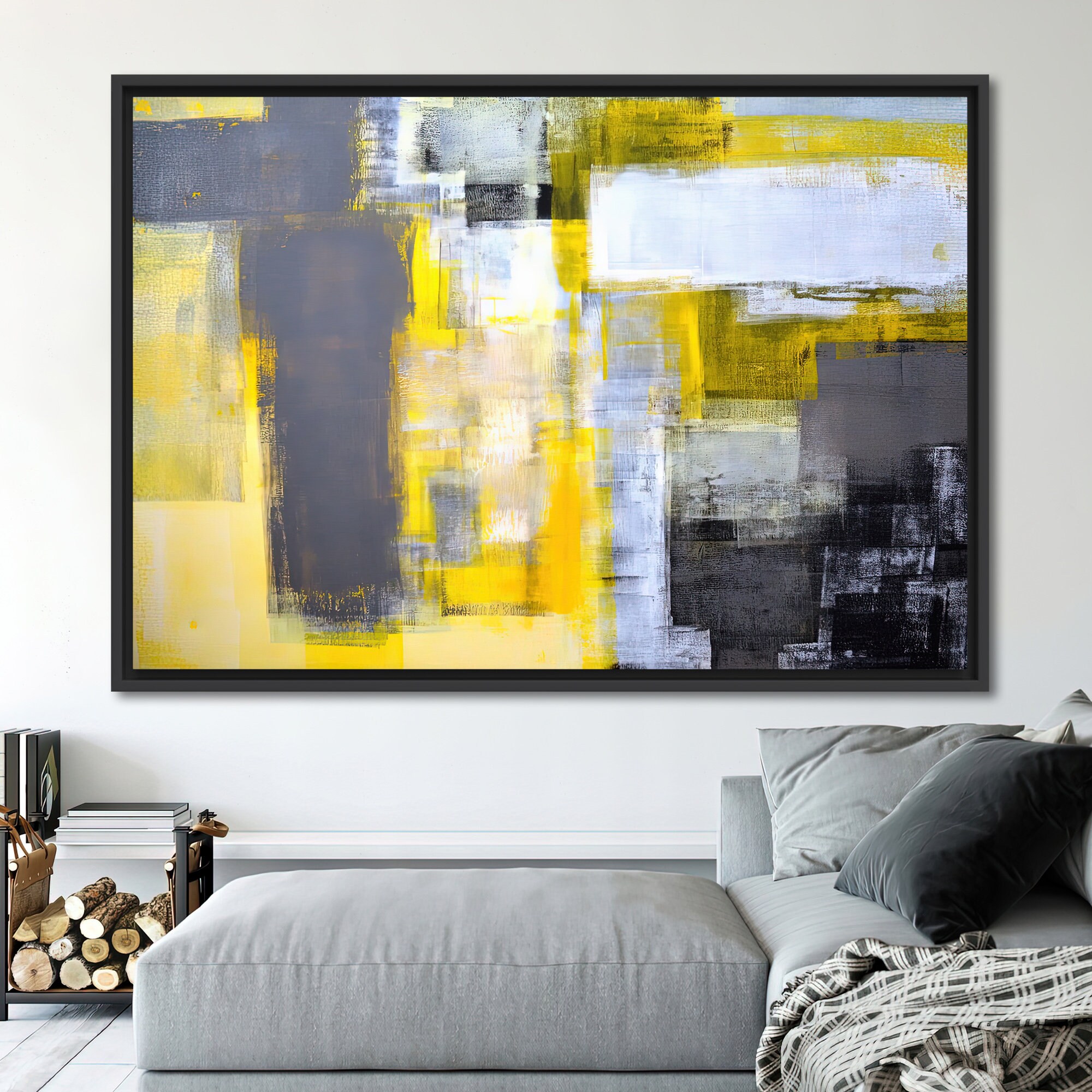 Yellow and Gray Painting Trendy Art Minimal Canvas Modern Etsy