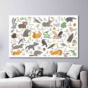Lienzo de arte para habitación de bebé, póster para niños, lienzo de arte con alfabeto Animal, decoración de pared de sala de juegos, arte de pared para niños, lienzo de arte educativo,