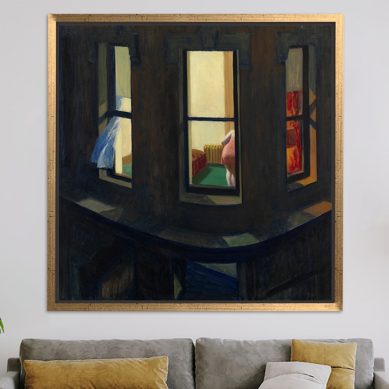 Famous Canvas Art, Edward Hopper Night Windows, Personalized Gifts, Reproduction Art, Gift for Him, 3D Wall Art, Night Windows Wall Art, Gold Framed