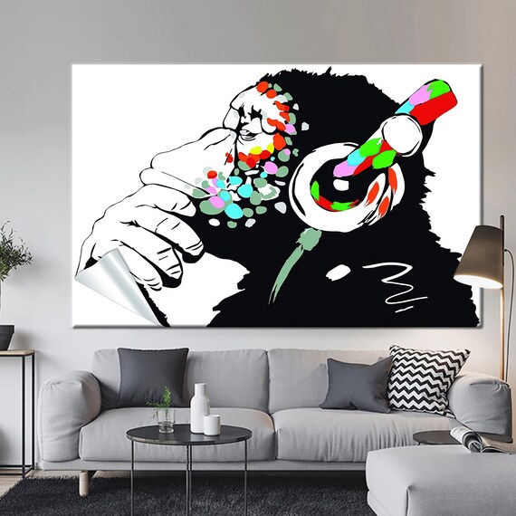 Monkey Wall Decor Dj Monkey Wall Art Banksy Thinkin Monkey Etsy