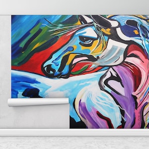 Bright Wall Paper, Modern Wall Paper, Wall Paper Peel and Stick, , Colorful Horse Mural, Horse Lover Gift Wall Paper,