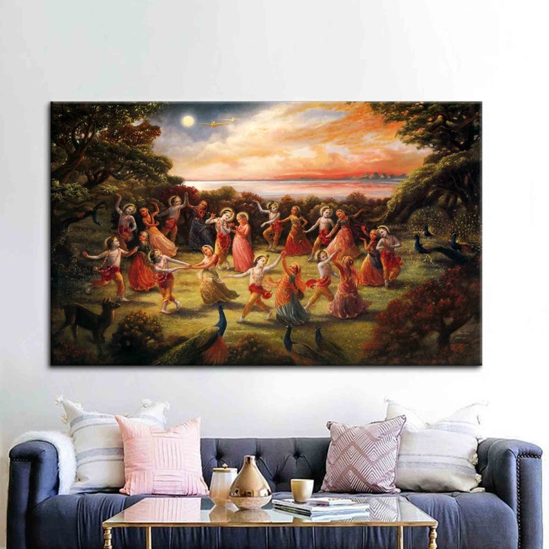 Rasa lila-dans van Radha Krishna, Radha Krishna-kunstcanvas, beroemd kunstwerk, hindoecadeau gedrukt, poster Radha Krisna-dans, afbeelding 2