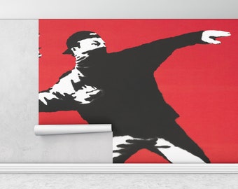 Banksy Graffiti Wall Poster, Banksy Flower Wall Mural, Street Wall Paper, Graffiti Wall Mural, Flower ThrowerBanksy Mural,