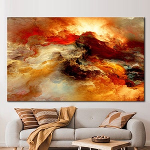Lienzo de arte de nubes, obra de arte roja, arte de lienzo contemporáneo, arte abstracto, obra de arte colorida, lienzo moderno, decoración de pared con colores otoñales,