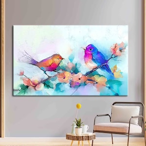 Dos pájaros en lienzo de arte de rama, lienzo colorido, arte animal, lienzo de arte de primavera, cartel de pájaro lindo, arte de pájaro colorido,