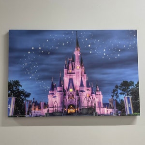 Castillo de Cenicienta, lienzo de arte para niños, arte de lienzo de cielo estrellado, póster para niños, decoración de pared de habitación de niña, paisaje nocturno impreso,