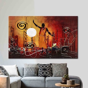 African Man Painting, African Man Canvas, Abstract Canvas Art, Moon Landscape Artwork, Abstract Moon Art Canvas, African Canvas,