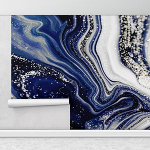Paper Wall Art, Modern Wall Paper, Custom Wall Paper, Navy Blue Marble Wallpaper, Modern Wall Paper, Silver Marble Wall Painting,