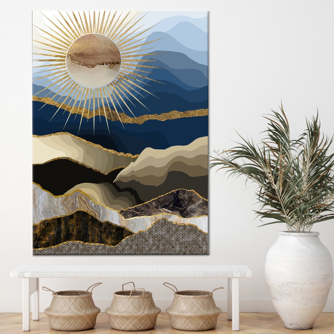 Sun and Mountain Landscape, Sun Landscape Art, Shimmery Canvas ...
