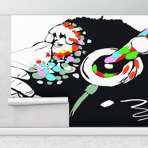 Murale musicale, Carta da parati animale, Scimmia astratta Murale murale, Carta da parati Graffiti, Dj Monkey Wall Print, Gorilla Wall Paper,