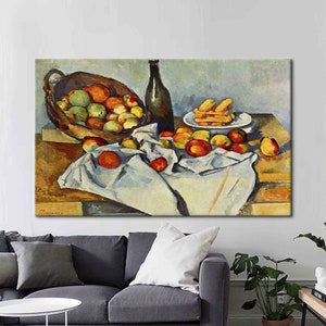 May include: A still life painting featuring a basket of apples, a bottle, a plate of pastries, and a white tablecloth. The apples are red, green, and yellow. The bottle is green glass. The pastries are light brown. The tablecloth is white with a light blue pattern. The painting is in a realistic style.