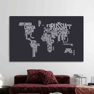 Mappa Wall Art, Classroom Wall Art, Modern Map Canvas Art, Mappa del mondo moderno stampata, Tela in bianco e nero, Tela per ufficio, Scuola stampata,