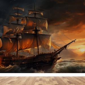 Poster da parete del mare, arte murale della caverna dell'uomo, adesivi murali del paesaggio, pannelli da parati, arte di carta della nave sull'oceano, carta da parati 3D elegante,