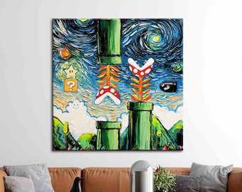 May include: A square canvas print featuring a whimsical mashup of a Super Mario Bros. scene with Van Gogh's "Starry Night." The artwork depicts green pipes, Piranha Plants, and a Bullet Bill against a swirling blue and yellow night sky.