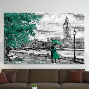 Arte de lienzo, pareja romántica impresa, decoración de pared de paisaje de Londres, regalo para ella, arte de pared, impreso moderno, arte de pared de árbol verde,