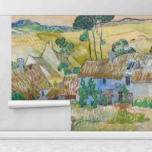 ゴッホの壁画、オーヴェル近くの農場デジタルペーパー、ゴッホの村のアート、風景の壁画、複製壁ポスター、ゴッホの壁画、