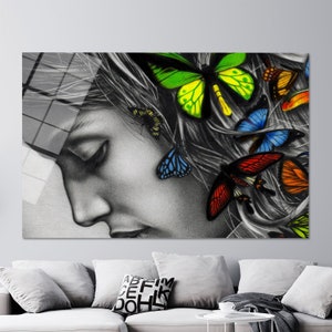 Woman Portrait Glass Decor,Tempered Glass,Modern Wall Decoration,Wall Art,Glass Art Wall Decor,Woman And Butterflies Glass Wall Art,