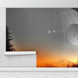 Star Wars, cartel de pared de paisaje al atardecer, mural moderno, decoración de pared abstracta, decoración de pared de cielo estrellado, decoración de pared de paisaje de bosque,