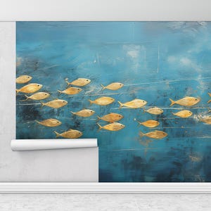 Akzentwand, Tapete schälen und aufkleben, Wandposter mit Fischen, Goldpapierkunst, Wandtattoos, blaue Wandkunst, selbstklebendes Papier,