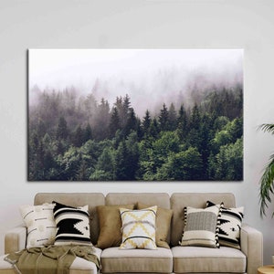 Misty Mountain View, Misty Mountain Art Canvas, Natur Landschaft Leinwand Kunst, Bauernhaus Kunst, Misty Forest gedruckt, Landschaft gedruckt,