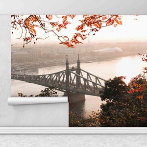 Red Leaves Wall Mural, Bridge Landscape Paper Craft, Cityscape Mural, Decals For Walls, View Wall Mural, Wallpaper Border,