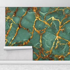 Modern Wall Paper, Green And Gold Marble Wall Art, Wall Paper Peel and Stick, Paper Wall Art, Green Wall Mural,