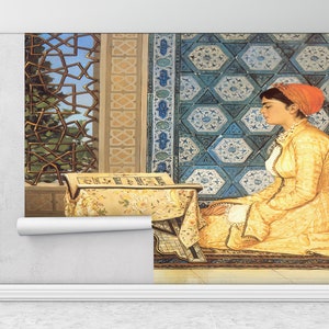 Regalo islamico Wall Decor, , Ragazza che legge la carta da parati del Corano, Carta da parati 3d, Carta da parati personalizzata, Carta da parati luminosa, Riproduzione murale,
