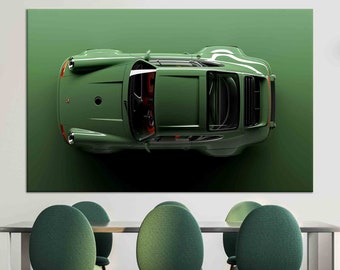 May include: A green Porsche 911 sports car viewed from above, with the car's roof open. The car is on a green background.