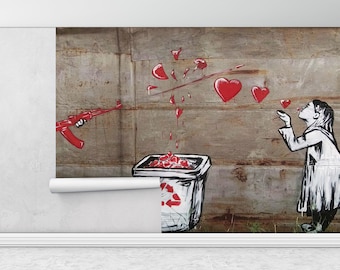 Banksy Wall Poster,Wall Paper Peel and Stick,Custom Wall Paper,Banksy Heart Wall Paper,Modern Wall Paper,Graffiti Wall Decor,