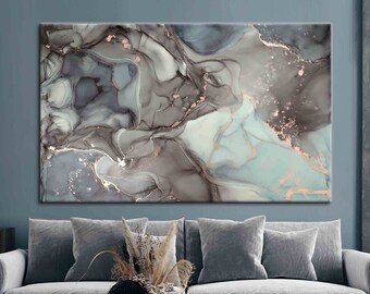Könnte beinhalten: Abstrakter Kunstdruck mit wirbelnden Mustern in Grautönen, Blau und Gold. Der Druck hat eine moderne und minimalistische Ästhetik.