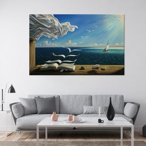 Stampa su tela "Finestra sull'oceano surreale" - Decorazione murale con libri e uccelli - Stampa su tela di cotone con paesaggio marino da sogno, Arazzi Dalì, dal libro agli uccelli