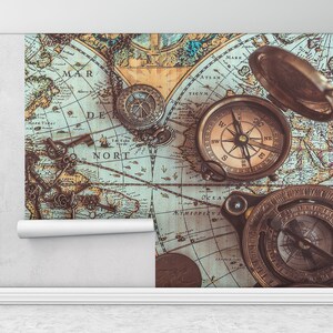 Messing Pocket Compass Wall Art, 3D Wall Paper, Bright Wall Paper, Modern Wall Paper, Antique World Map Wall Paper,