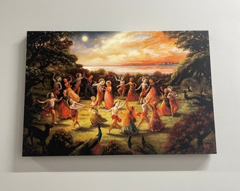 Rasa Lila taniec Radha Krishna, płótno artystyczne Radha Krishna, słynna grafika, hinduski prezent drukowany, plakat tańca Radha Krisna,