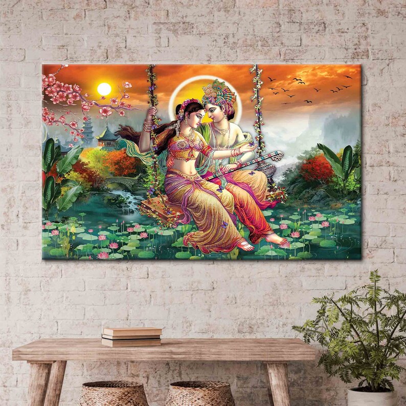 Radha Krishna Painting Print, Reproduction Canvas Print, Indian 3D Canvas, Famous Canvas Decor, Hindu Wall Art, Radha Krishna Artwork, image 2