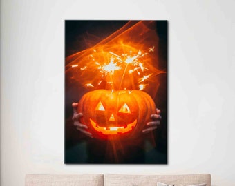 Halloweenpumpafoto, Halloweenlandskap på canvastavla, abstrakt konst, modernt konstverk, pumpafotokonstverk, pumpaväggdekor,