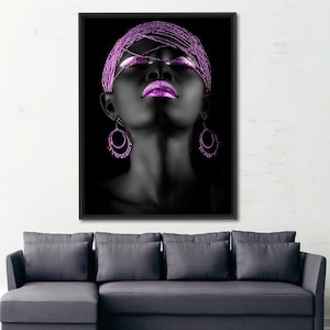 Shimmery Canvas, African Woman Art, Purple Lip Artwork, Luxury Wall Art, Purple And Black Art Canvas, Ethnic Artwork, image 3