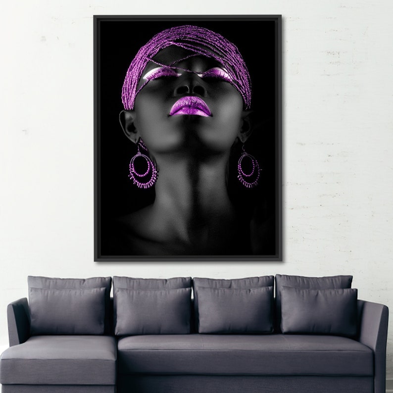 Shimmery Canvas, African Woman Art, Purple Lip Artwork, Luxury Wall Art, Purple And Black Art Canvas, Ethnic Artwork, image 3