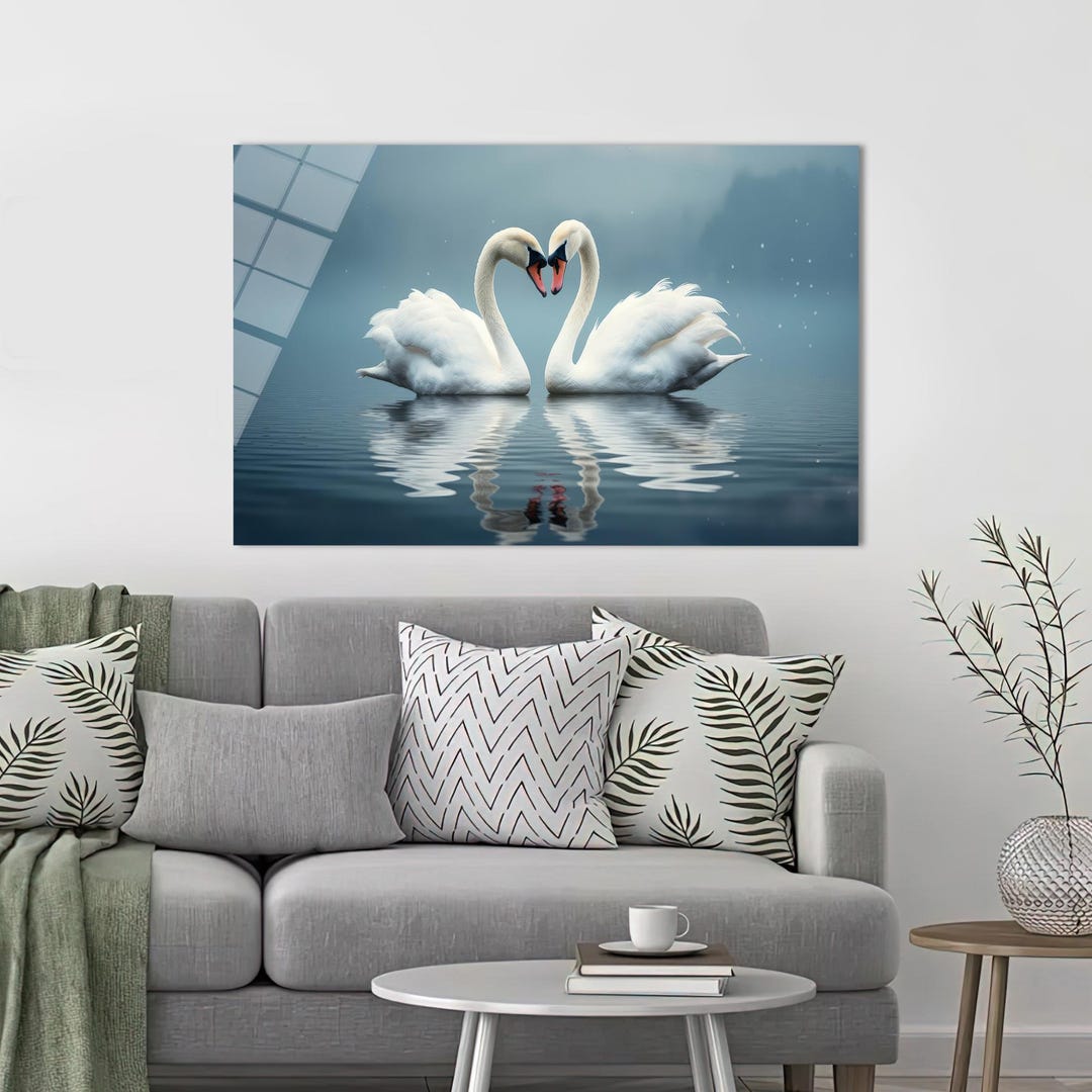 Two Swans Art Decor, Sea Wall Hanging, Swans in Love Glass Wall Art ...