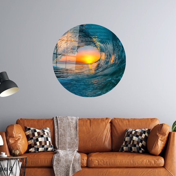 Ocean Wall Decor,Glass Art Gift,Surfer Wave Glass,Sunset Glass Art,Glass Custom For Art,Tempered Glass,Wave Wall Decor,
