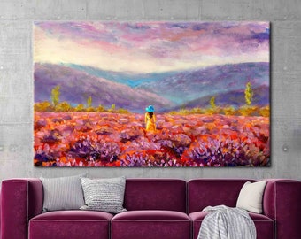 Woman In Flower Field Painting, Abstract Woman Art Canvas, Nature Landscape Poster, Abstract Landscape Canvas Art,
