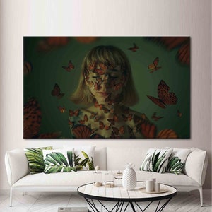 Girl With Butterflies, Surrealism Art Canvas, Surreal Art Canvas, Butterfly Art, Girl Wall Decor, Abstract Canvas, Modern Canvas,